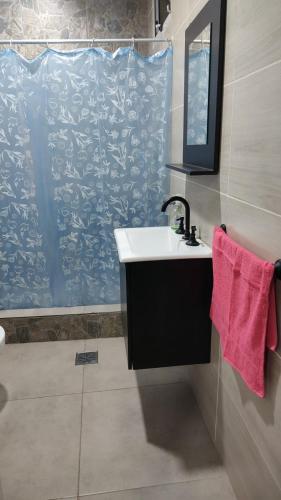 baño con lavabo y cortina de ducha azul en Hospedaje lucho 10 min del aeropuerto en Ezeiza