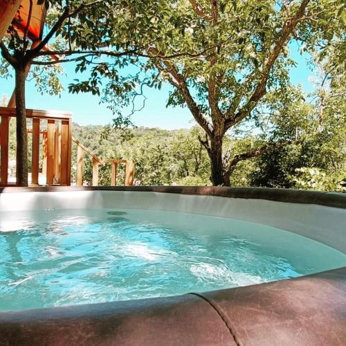 une piscine avec de l'eau bleue dans une cour arrière dans l'établissement Orbis Boussagues, à La Tour-sur-Orb