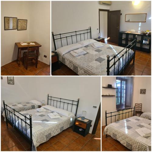 three pictures of a bedroom with two beds and a table at Fattoria Roico Funny Ranch in Montiglio