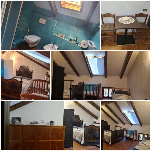 a collage of photos of a bedroom and a bathroom at Fattoria Roico Funny Ranch in Montiglio