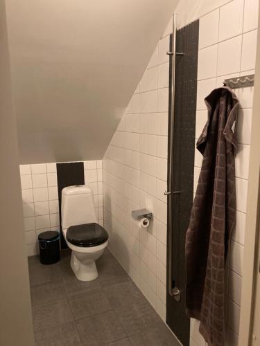 a bathroom with a toilet with a black seat at Windalens på Österlen in Tomelilla