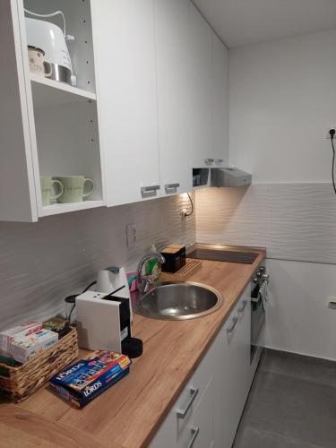 a kitchen with a sink and a counter top at Green and grey in Novi Sad