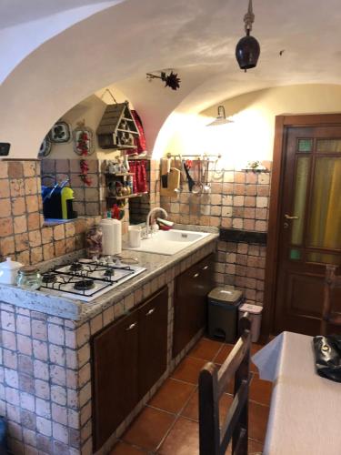 una cucina con lavandino e piano cottura di la casa di Sophie a Pettorano sul Gizio