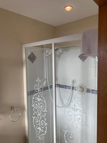 a shower with a glass door in a bathroom at Mayrone House B&B in Donegal