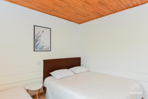 a bedroom with two beds and a wooden ceiling at RAMYBĖS OAZĖ 2 in Šventoji
