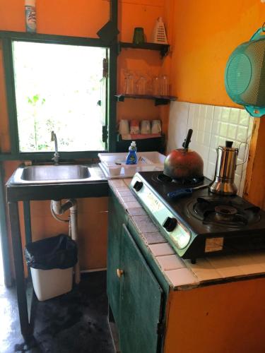 a kitchen with an old stove and a sink at Easymans' Winifred Beach Chalets in Port Antonio