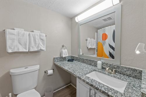 a bathroom with a toilet and a sink and a mirror at Boho Chic 2bedroom walking distance to the Battery in Atlanta