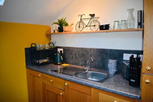 a kitchen counter with a sink and a bike on a shelf at Squirrel Holt Cottage in Appleby
