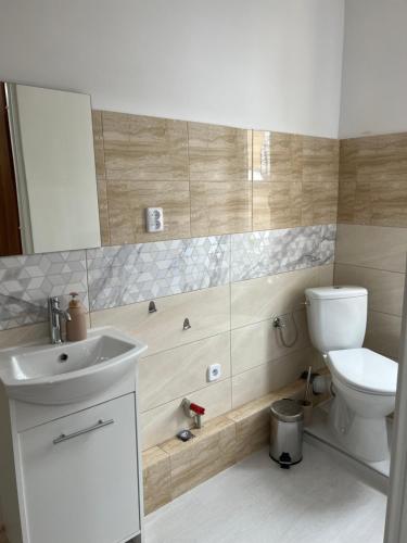 La salle de bains est pourvue de toilettes et d'un lavabo. dans l'établissement Apartament Chrobrego 30/3, à Zielona Góra