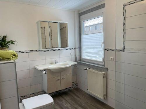 a bathroom with a sink and a toilet and a mirror at Auf dem Land und doch ganz nah (EG) in Krölpa