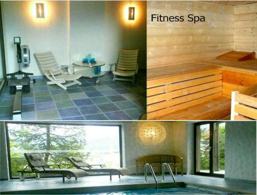eine Collage mit zwei Bildern einer Küche und einem Badezimmer in der Unterkunft Villa Edelweiss - 3 to 6 Guests - private use of indoor pool, sauna and garden terrace in Abtenau