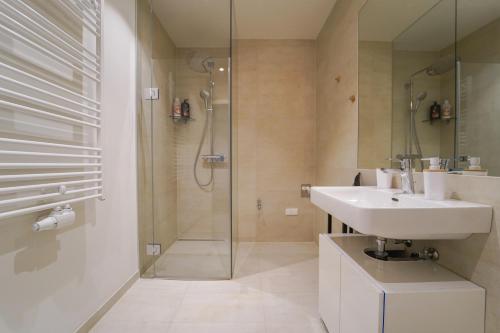 維也納的住宿－The View 01.10 - Quartier Belvedere，一间带水槽和淋浴的浴室