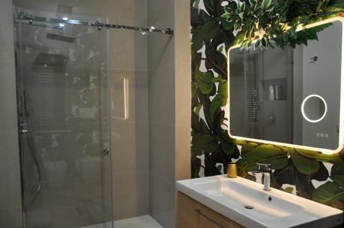 a bathroom with a sink and a shower with a mirror at Flat with Jacuzzi - Casa Pia in Mondello