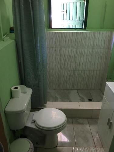 a bathroom with a toilet and a shower with a window at Easymans' Winifred Beach Cottage in Port Antonio