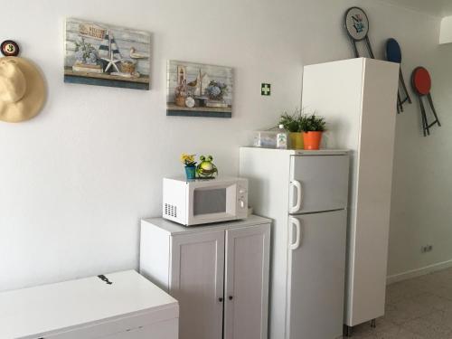 a kitchen with a microwave on top of a refrigerator at Stay Porto Côvo II in Porto Covo