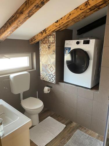 a bathroom with a toilet and a washing machine at Penthouse Damjan in Rab