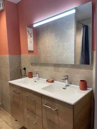 a bathroom with a white sink and a mirror at Le prieuré des fontaines in Les Préaux