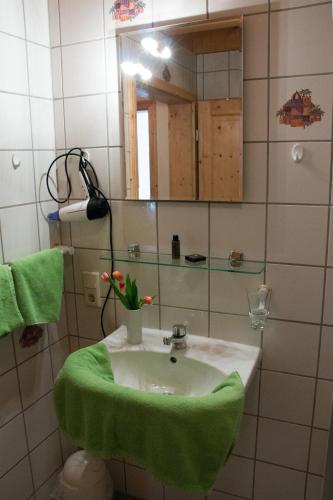a bathroom with a sink with a green towel at Almcafe Schnakenhöhe in Maria Rain