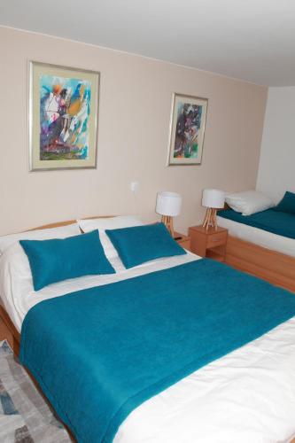 a bedroom with two beds with blue and white sheets at Pri Fiškušu in Duga Resa