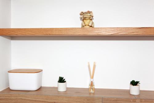 a wooden shelf with potted plants on it at Pri Fiškušu in Duga Resa
