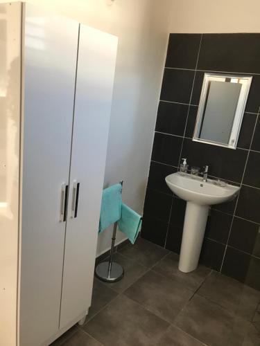 a bathroom with a sink and a mirror at YOLANDA HIBISCUS in Le Moule