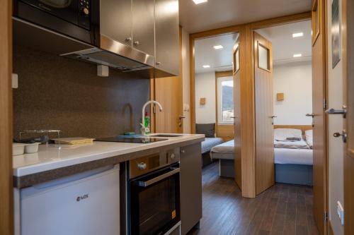 a kitchen with a sink and a stove at Outdoor Resort Pecka in Mrkonjić Grad