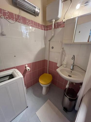 La petite salle de bains est pourvue de toilettes et d'un lavabo. dans l'établissement V57 APARTMENT OKTOGON, à Budapest