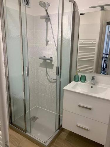 une salle de bain avec douche et lavabo dans l'établissement Nantes Bouffay STUDIO Les machines de l'île, à Nantes