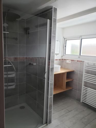 une salle de bain avec douche et lavabo dans l'établissement LE GALET BLANC, à Fouesnant