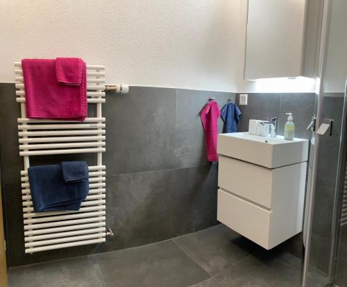 baño con lavabo y toallas en la pared en Bodmen B, en Zermatt