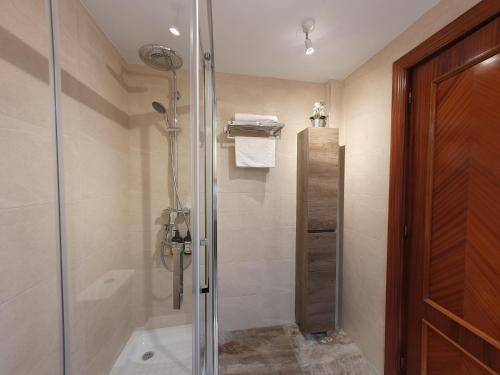 a bathroom with a shower with a glass door at VISTAMALAGA in Málaga