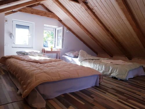 2 Betten in einem Schlafzimmer im Dachgeschoss mit Holzdecken in der Unterkunft Sunny Bay House in Kotor