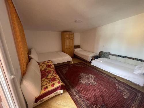 een kleine kamer met 3 bedden en een tapijt bij Apartments Zeneva in Donji Štoj