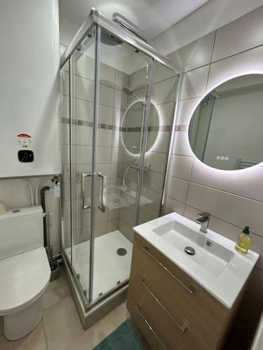 une salle de bain avec une douche, des toilettes et un lavabo dans l'établissement Joli Studio à Sanary-sur-Mer, à Sanary-sur-Mer