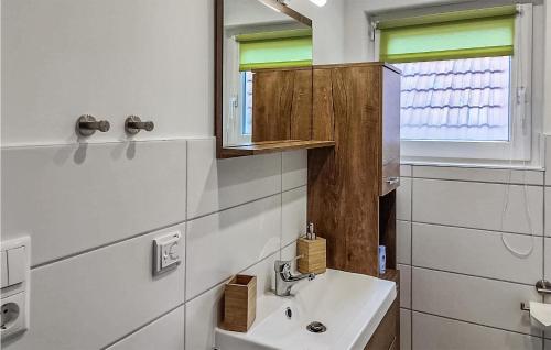 y baño con lavabo y espejo. en Nice Home In Heidesee With House Sea View, en Heidesee