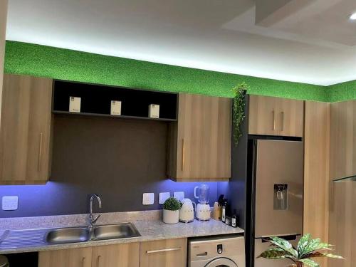 a kitchen with green paint on the ceiling at D&DLuxury Rivonia Apartments with inverter in Johannesburg