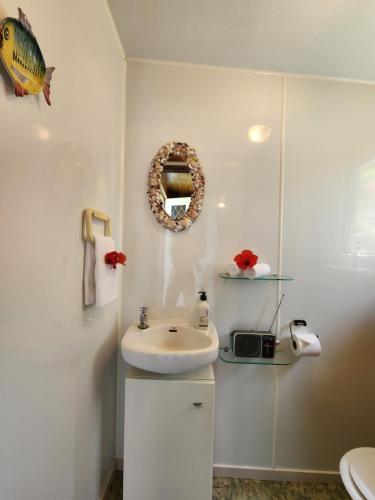 a white bathroom with a sink and a mirror at Glo's Place in Hahei