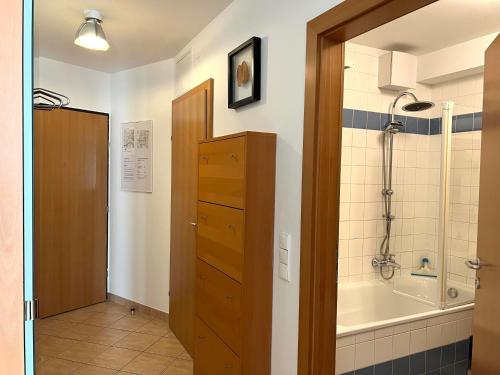 a bathroom with a shower and a sink and a tub at Feels-Like-Home Apt @ Praterstern in Vienna