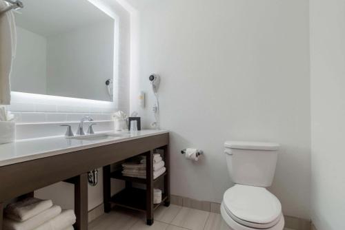 a bathroom with a sink and a toilet and a mirror at Comfort Inn & Suites Panama City Beach - Pier Park Area in Panama City Beach