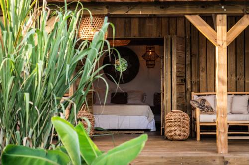 a bedroom with a bed and some plants at Ecolodge Anacardier - cabanon luxe pleine nature in Saint-François