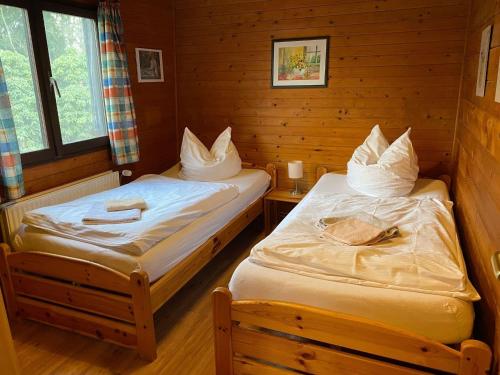 2 camas en una habitación con paredes de madera en Cozy holiday home on a horse farm in the Lüneburg Heath, en Eschede