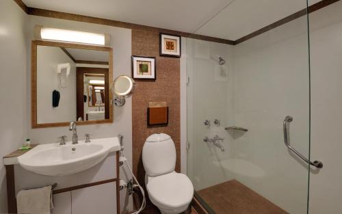 uma casa de banho com um WC, um lavatório e um chuveiro em Hotel Amar em Agra