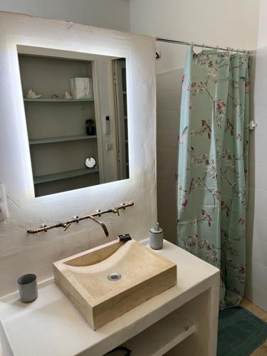 een badkamer met een wastafel en een spiegel bij La Belle de l’Isle in LʼIsle-sur-la-Sorgue