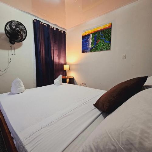 a bedroom with a white bed and a picture on the wall at Micheck beach house in Tortuguero