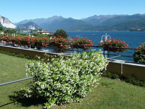 a row of flowers in pots on a fence at Hotel Residence La Luna Nel Porto in Stresa