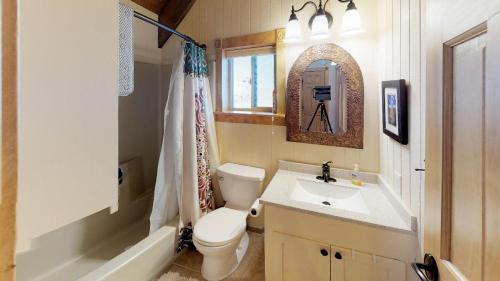 a bathroom with a toilet and a sink and a tub at Tranquil Little Cabin On The River With High Speed Wifi in Red River