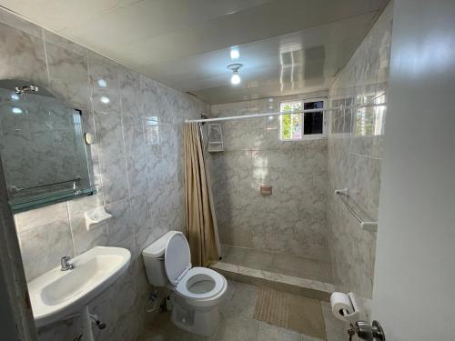 a bathroom with a toilet and a sink and a shower at Apartamento calido in Santo Domingo
