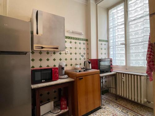 une cuisine avec un réfrigérateur et un micro-ondes dans l'établissement Studio spacieux avec balcon, centre-ville d'Aix-les-Bains, proche Thermes, digicode, Wi-Fi - FR-1-555-87, à Aix-les-Bains