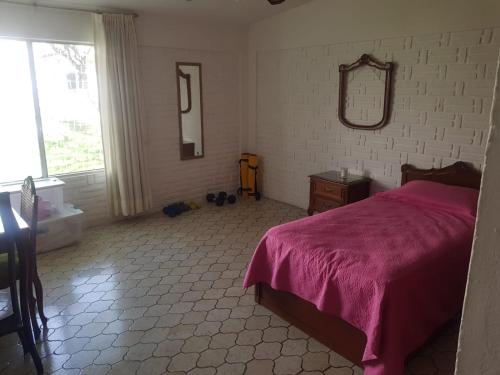 a bedroom with a bed and a mirror on the wall at Casa Cuernavaca con alberca en fraccionamiento in Cuernavaca
