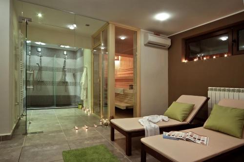 een woonkamer met een glazen douche en een bank bij Anita Guest House & Relax in Perushtitsa